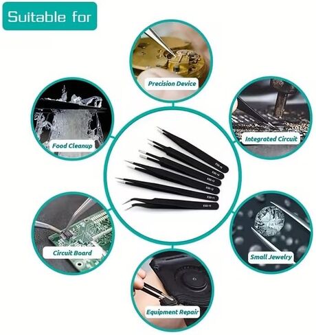 Transform Your Crafting Game with 6pcs ESD Anti-Static Stainless Steel Tweezers - Precision Maintenance & Industrial Repair Curved Tools for Home Working & Model Making in Saudi Arabia