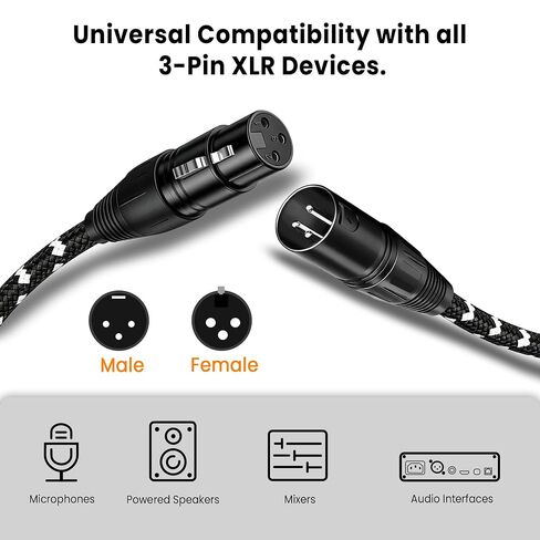 كابلات XLR كابل ميكروفون بطول 3 أقدام 2 حزمة، كابل صوت متوازن 3 دبابيس ذكر إلى أنثى، سلك ميكروفون قصير مجدول من النايلون، موصل OFC in Kuwait