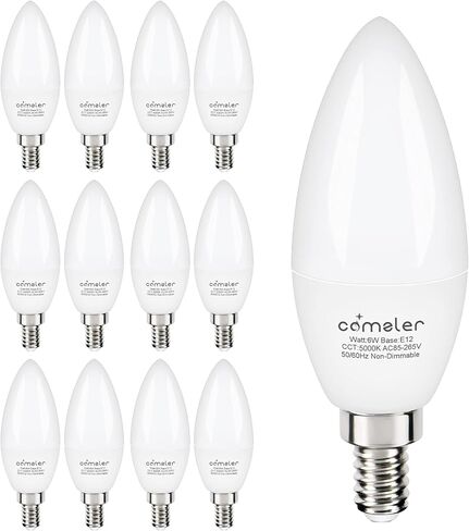 comzler E12 LED لمبة 5000K ضوء النهار الأبيض، مصابيح الثريا 60 وات مكافئة، CRI85+ لمبة الشمعدانات 6W، 120V، 600LM، B11 لمبات إضاءة قاعدة صغيرة لمروحة السقف، 270 درجة، 6 عبوات، غير قابلة للتعتيم in Kuwait