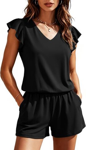 SHEKINI Women's One Piece Swim Romper V Neck Ruffle Sleeve Tummy Control Bathing Suit with Pockets Modest Swimsuits Shorts in Kuwait