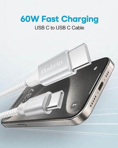 كابل USB C إلى USB C طويل جدًا بطول 20 قدمًا، و60 وات من النوع C إلى النوع C سلك شحن سريع مضفر، وكابل شاحن USBC لهاتف iPhone 17 16 Pro Max، وiPad Pro/Air، وSamsung Galaxy S26 S25، وPixel والمزيد in Kuwait