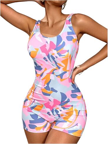 WDIRARA Women's Boyleg One Piece Swimsuit Graphic Scoop Neck Open Back Swimwear in Kuwait