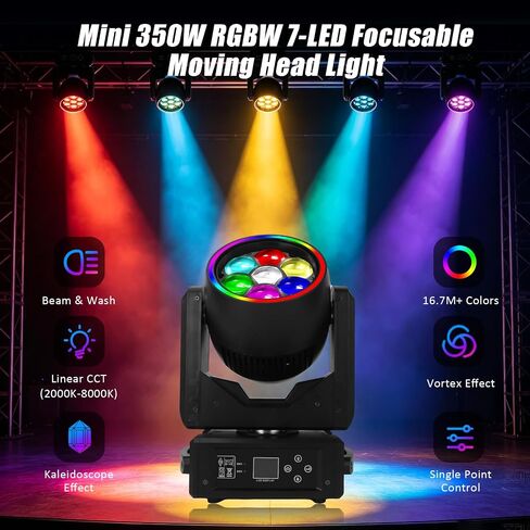 JCYWFLODY 7x40W Moving Head DJ Lights, LED 4-in-1 RGBW Beam Wash Color Mixing Stage Lighting Effects Bee Eye Focus Light, DMX and Sound Activated Control DJ Lights for Parties Disco Wedding Concert in Kuwait