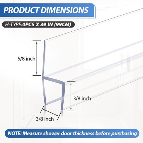 Pangda 4 Pack 1/2" x 39" Shower Door Seal Frameless Glass Shower Door Bottom Side Seal Strip Sweep Clear for Bathroom, Stop Water Leaks, Create a Water Barrier(H, M, D Type) in Kuwait