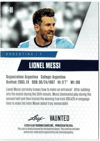 Mint Lionel Messi 2024 Leaf Vaunted #11V Debut Collection Rare Trading Card Argentina in Kuwait