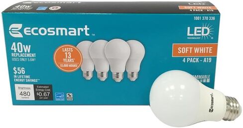 (4-Pack) EcoSmart LED A19 Dimmable 40W Replacement in Soft White (15,000 Hours, 2700K, 5.6W, Energy Star, E26) in Kuwait