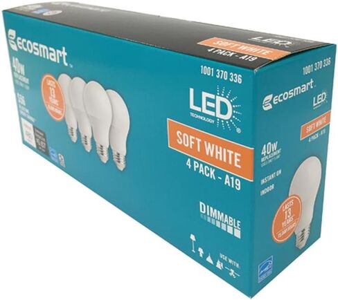 (4-Pack) EcoSmart LED A19 Dimmable 40W Replacement in Soft White (15,000 Hours, 2700K, 5.6W, Energy Star, E26) in Kuwait