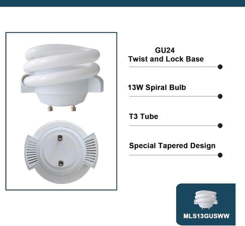 MLS13GUS 13W T3 دوامة 2700K أبيض ناعم، GU24 تويست وقفل لمبة الإضاءة الأساسية، استبدال Maxlite MLS13GUSWW، TCP 33213SSP، 2 حزمة in Kuwait