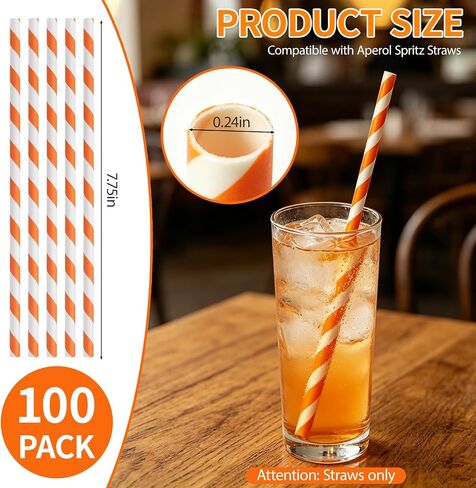 شفاطات للاستعمال مرة واحدة، متوافقة مع أنابيب Aperol Spritz، 100 عبوة من القش المخطط باللونين البرتقالي والأبيض، حافة ناعمة، متينة للمشروبات الباردة، لن تنكسر، رائعة للحفلات (0.24 بوصة × 7.76 بوصة) in Kuwait