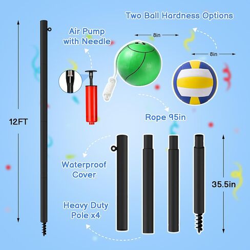 12FT Tetherball Set Outdoor Backyard, Adjustable Tetherball Ball and Rope | 2 Rubber Balls Heavy-Duty Tether Ball Pole Set Soft Rubber Balls Thickened Pole Backyard Outdoor Family Games in Kuwait