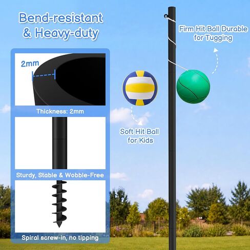 12FT Tetherball Set Outdoor Backyard, Adjustable Tetherball Ball and Rope | 2 Rubber Balls Heavy-Duty Tether Ball Pole Set Soft Rubber Balls Thickened Pole Backyard Outdoor Family Games in Kuwait