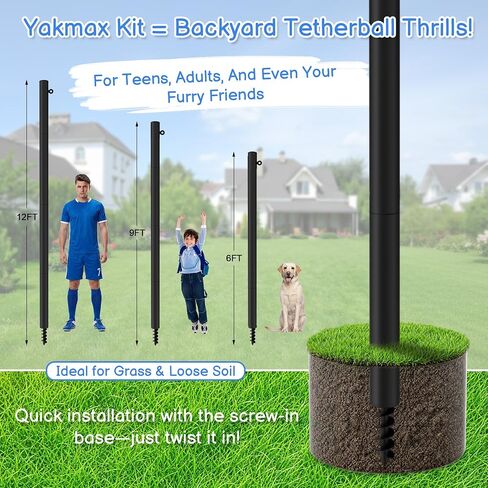 12FT Tetherball Set Outdoor Backyard, Adjustable Tetherball Ball and Rope | 2 Rubber Balls Heavy-Duty Tether Ball Pole Set Soft Rubber Balls Thickened Pole Backyard Outdoor Family Games in Kuwait