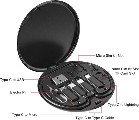 مجموعة كابل محول USB-C - مجموعة محول كابلات شحن متعددة مع فتحة بطاقة، محولات USB-C إلى iOS/Type-C/Micro/USB-A، دعم نقل البيانات، حقيبة سفر سوداء in Kuwait