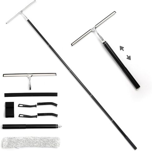 16.7“- 59.5" Long Handle Window Squeegee with Extension Pole, 12.4" Wide Metal Shower Squeegee for Glass Doors, 2-in-1 Squeegee for Home Window Cleaning, Tile Wall, Car (Silver) in Kuwait