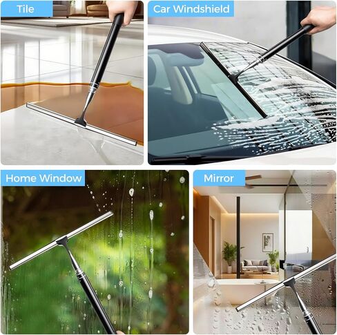 16.7“- 59.5" Long Handle Window Squeegee with Extension Pole, 12.4" Wide Metal Shower Squeegee for Glass Doors, 2-in-1 Squeegee for Home Window Cleaning, Tile Wall, Car (Silver) in Kuwait