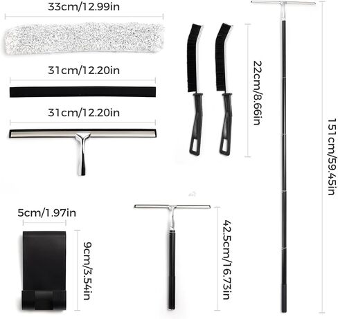 16.7“- 59.5" Long Handle Window Squeegee with Extension Pole, 12.4" Wide Metal Shower Squeegee for Glass Doors, 2-in-1 Squeegee for Home Window Cleaning, Tile Wall, Car (Silver) in Kuwait