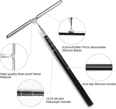 16.7“- 59.5" Long Handle Window Squeegee with Extension Pole, 12.4" Wide Metal Shower Squeegee for Glass Doors, 2-in-1 Squeegee for Home Window Cleaning, Tile Wall, Car (Silver) in Kuwait