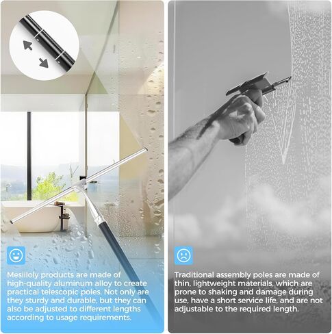 16.7“- 59.5" Long Handle Window Squeegee with Extension Pole, 12.4" Wide Metal Shower Squeegee for Glass Doors, 2-in-1 Squeegee for Home Window Cleaning, Tile Wall, Car (Silver) in Kuwait