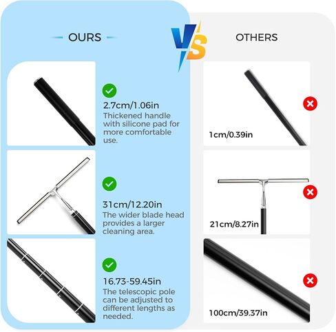 16.7“- 59.5" Long Handle Window Squeegee with Extension Pole, 12.4" Wide Metal Shower Squeegee for Glass Doors, 2-in-1 Squeegee for Home Window Cleaning, Tile Wall, Car (Silver) in Kuwait