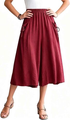 Linen Blend Flared Culottes Women Elastic High Waist Bow Pocket A-Line Midi Wide Leg Pants Casual Summer Vacation Bottoms in Kuwait