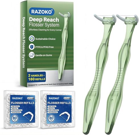 RAZOKO Deep Reach Dental Flosser System – 160 Refill Heads + 2 Reusable Long Handles,PFAS-Free & Shred-Resistant for Hard-to-Reach Areas,Green in Kuwait