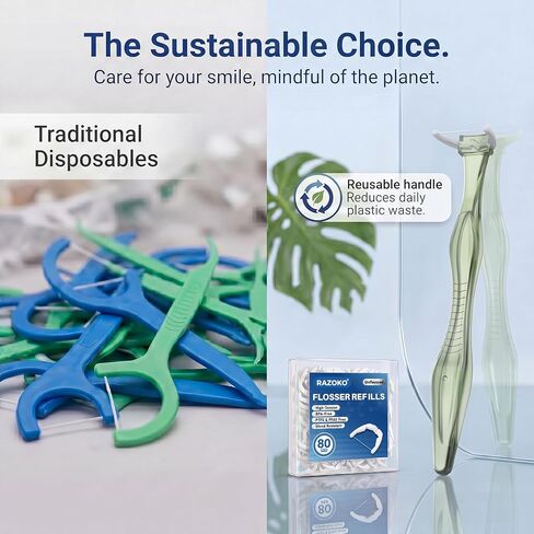 RAZOKO Deep Reach Dental Flosser System – 160 Refill Heads + 2 Reusable Long Handles,PFAS-Free & Shred-Resistant for Hard-to-Reach Areas,Green in Kuwait