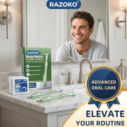 RAZOKO Deep Reach Dental Flosser System – 160 Refill Heads + 2 Reusable Long Handles,PFAS-Free & Shred-Resistant for Hard-to-Reach Areas,Green in Kuwait