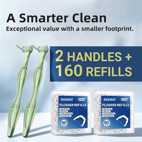 RAZOKO Deep Reach Dental Flosser System – 160 Refill Heads + 2 Reusable Long Handles,PFAS-Free & Shred-Resistant for Hard-to-Reach Areas,Green in Kuwait