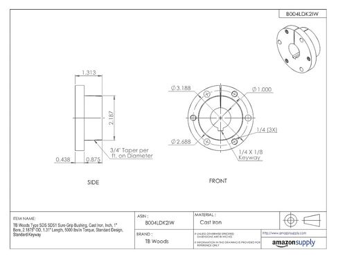 TB Woods Type SDS SDS1 Sure-Grip Bushing, Cast Iron, Inch, 1" Bore, 2.1875" OD, 1.31" Length, 5000 lbs/in Torque, Standard Design, Standard Keyway in Kuwait