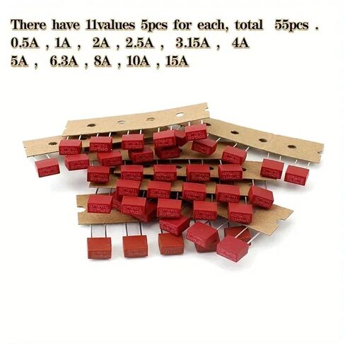 Fuse Components Kit Slow Blow Tube Fuse, 0.5A, 1A, 2A, 2.5A, 3.15A, 4A, 5A, 6.3A, 8A, 10A, 15A, 250V, 55Pcs/ Set in Saudi Arabia