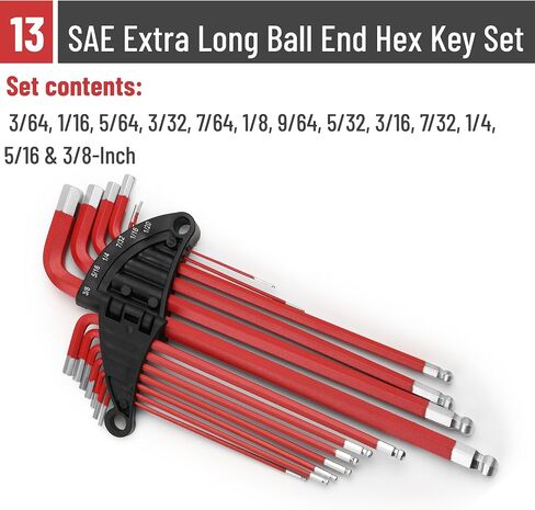 Bates- Long Allen Wrenches Sets, 13 Pack, 3.8" to 9" Length, SAE Hex Key Set (3/64" to 3/8"), Long Allen Wrench Set with Exrta Long Arm and Ball End for Precision, Mechanics, DIY, Home Repairs in Kuwait