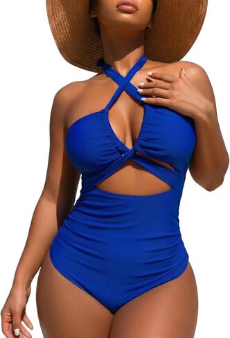One Piece Swimsuit for Women Tummy Control Criss Cross Halter Neck Monokini Cutout Bathing Suit Side Tie Swimwear in Kuwait