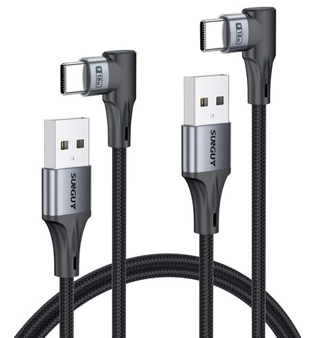 كابل SUNGUY بزاوية يمين USB C إلى USB A [6FT 2Pack] لحالات الهاتف السميكة، شحن 90 درجة USB-A إلى USB-C سلك بيانات لحامل الهاتف، Android Auto CarPlay، لهاتف iPhone 17/16/15، iPad، MacBook in Kuwait