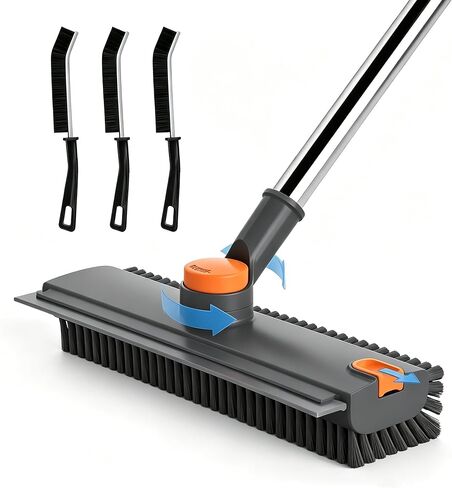 Floor Scrub Brush with Long Handle, 3 in 1 Floor Scrubber, Heavy Duty Stiff Bristle Squeegee Broom for Cleaning Shower Bathroom, Tile, Patio, Pool, Garage, Kitchen and Deck, Grey in Kuwait