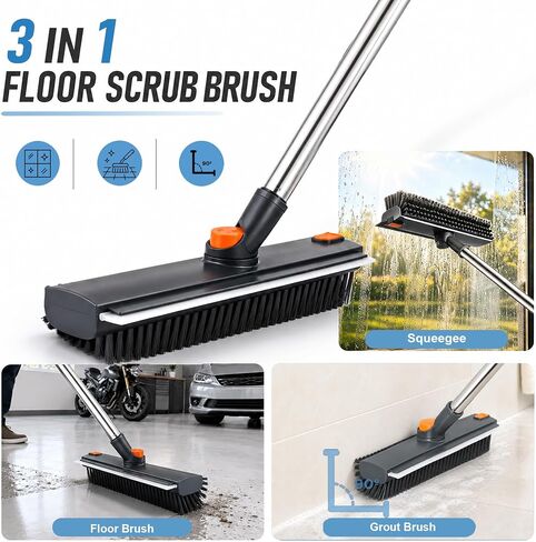 Floor Scrub Brush with Long Handle, 3 in 1 Floor Scrubber, Heavy Duty Stiff Bristle Squeegee Broom for Cleaning Shower Bathroom, Tile, Patio, Pool, Garage, Kitchen and Deck, Grey in Kuwait