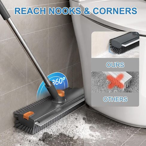 Floor Scrub Brush with Long Handle, 3 in 1 Floor Scrubber, Heavy Duty Stiff Bristle Squeegee Broom for Cleaning Shower Bathroom, Tile, Patio, Pool, Garage, Kitchen and Deck, Grey in Kuwait