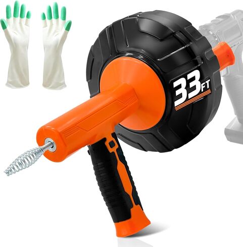 Drainsoon Auto Feed Drain Auger with Drill Adapter, 33 Feet Drain Snake Hair Clog Remover, Manual or Powered Plumbing Snake Drain Cleaner for Bathroom, Shower, Kitchen Sink, Comes with Gloves in Kuwait
