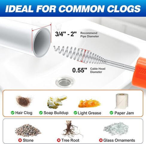 Drainsoon Auto Feed Drain Auger with Drill Adapter, 33 Feet Drain Snake Hair Clog Remover, Manual or Powered Plumbing Snake Drain Cleaner for Bathroom, Shower, Kitchen Sink, Comes with Gloves in Kuwait