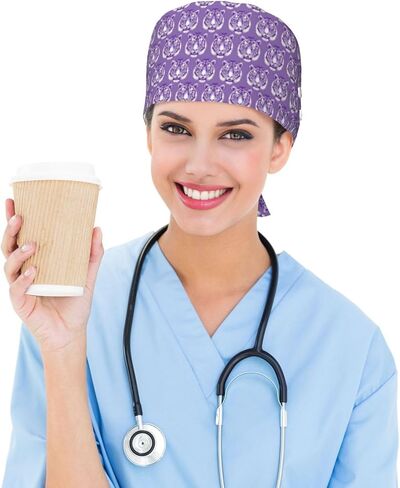 Retro Purple Tiger Purple Print Scrub Caps Women Men, Adjustable Nurse Cap Surgical Caps Scrub Hats for Women Men, Working Cap with Buttons for Hanging Face Masks in Kuwait