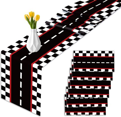 6 Pcs Plastic Racing Car Table Runners - 14" x 108" Black Checkered Flag Design Disposable Table Runner for Black Checkered Flag Theme Birthday Party Supplies, Racing Car Party Decorations, Motorsport in Kuwait