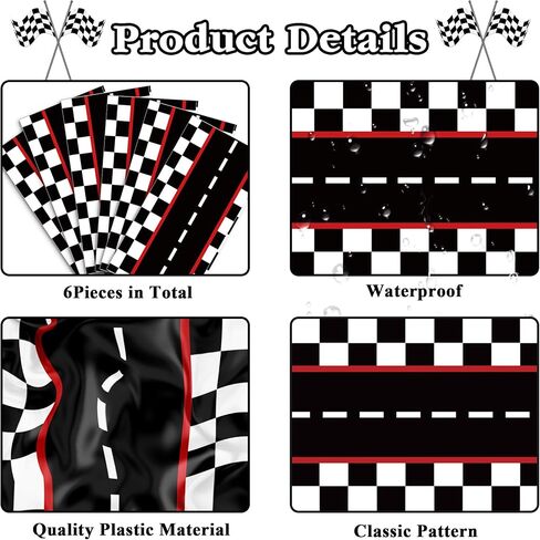 6 Pcs Plastic Racing Car Table Runners - 14" x 108" Black Checkered Flag Design Disposable Table Runner for Black Checkered Flag Theme Birthday Party Supplies, Racing Car Party Decorations, Motorsport in Kuwait