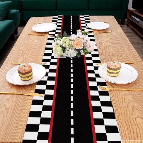 6 Pcs Plastic Racing Car Table Runners - 14" x 108" Black Checkered Flag Design Disposable Table Runner for Black Checkered Flag Theme Birthday Party Supplies, Racing Car Party Decorations, Motorsport in Kuwait