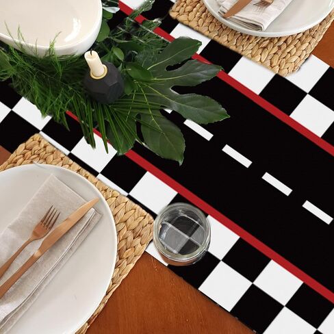 6 Pcs Plastic Racing Car Table Runners - 14" x 108" Black Checkered Flag Design Disposable Table Runner for Black Checkered Flag Theme Birthday Party Supplies, Racing Car Party Decorations, Motorsport in Kuwait
