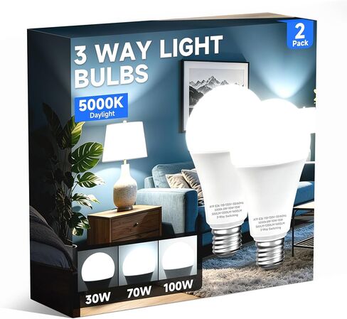 3 Way LED Light Bulbs, 30/70/100W Equivalent, Daylight White 5000K, A19 Three Way Light Bulb for Reading, Living Room, Offices & Bedroom, E26 Base, 2 Pack in Kuwait