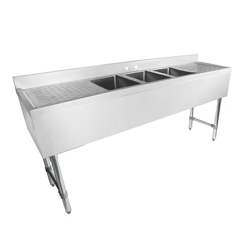 Empura 10" x 14" Stainless Steel Three Compartment Underbar Sink | Heavy-Duty Commercial Kitchen Bar Basin with 3.5" Drain Basket for Laundry | (2) 19" Drainboard, 10"L X 14"D X 10"H, 18 Gauge, NSF in Kuwait