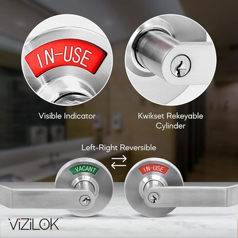 VIZILOK Commercial Door Lock for Bathroom Privacy, Heavy-Duty Indicator Lock in Satin Chrome, ANSi Grade2, Perfect for Restaurants, Medical Offices, Airbnb, Dorms, Gyms, Fitting Rooms in Kuwait