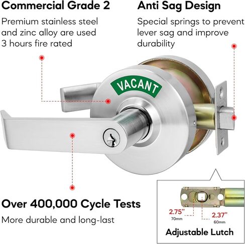 VIZILOK Commercial Door Lock for Bathroom Privacy, Heavy-Duty Indicator Lock in Satin Chrome, ANSi Grade2, Perfect for Restaurants, Medical Offices, Airbnb, Dorms, Gyms, Fitting Rooms in Kuwait