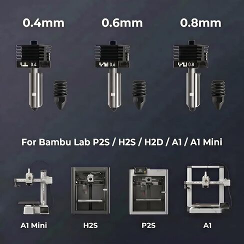 مجموعة Hotend مكونة من 3 قطع لرأس طباعة صغيرة مجمعة من Bambu Lab P2S/H2S/H2D/A1/A1، وطارد عالي التدفق مضاد للانسداد مع 3 فوهات فولاذية صلبة إضافية مقاومة للاهتراء (0.4+0.6+0.8 مم) لألياف الكربون in Kuwait