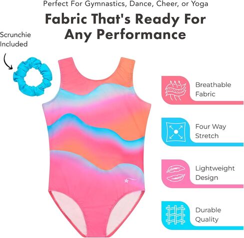 Destira Sunset Dream Womens Gymnastics Leotard, Pink and Blue Waves | Premium Performance Fabric • Tank Style • Matching Scrunchie Included • Made in USA • Comfortable Stretch Fit • Adult Sizes in Kuwait