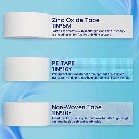 Medical Tape Variety Pack 3 Rolls PE,Non-Woven,Cotton Tape | Hypoallergenic latex-free tape; breathable waterproof; for sensitive skin, first aid & sports wrapping ﻿ in Kuwait